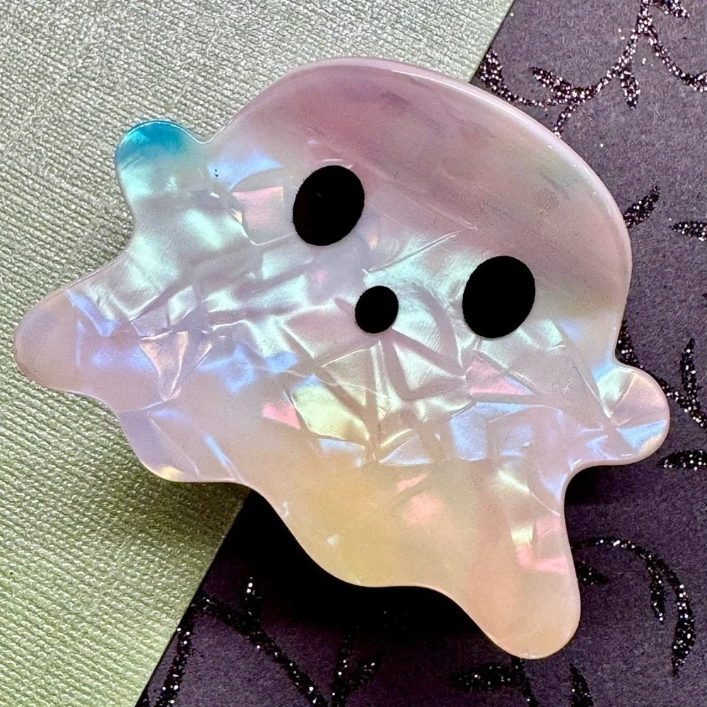 New Halloween White Pearlescent Ghost Acrylic Claw Hair Clip - 3” x 2.25”